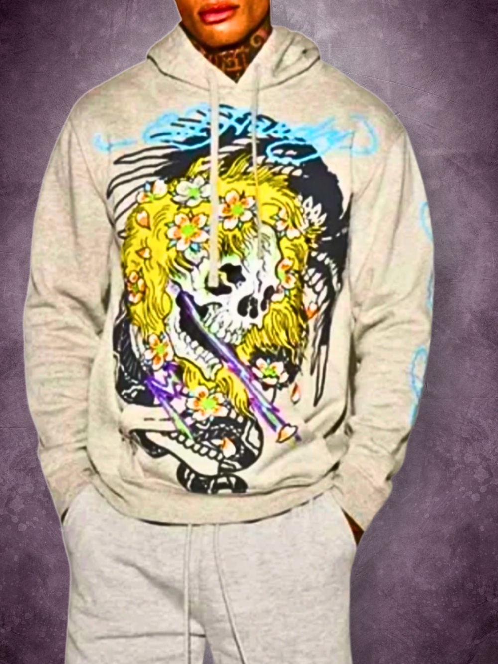 ED HARDY SWEATSHIRT Hoodie Graphic Yellow Hair Skull Gray Men’s SZ Small Unisex